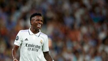 Vinicius Junior left winger of Real Madrid and Brazil reacts during the UEFA Champions League group F match between Real Madrid and RB Leipzig at Estadio Santiago Bernabeu on September 14, 2022 in Madrid, Spain. (Photo by Jose Breton/Pics Action/NurPhoto via Getty Images)