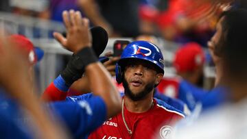 Dominican Republic's infielder #41 Ramon Hernandez celebrates after completing a run during the Caribbean Series baseball game between the Dominican Republic and Puerto Rico at LoanDepot Park in Miami, Florida, on February 3, 2024. (Photo by Chandan Khanna / AFP)