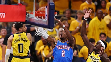 INDIANAPOLIS, INDIANA - JUNE 19: Shai Gilgeous-Alexander #2 of the Oklahoma City Thunder attempts a layup against Pascal Siakam #43 of the Indiana Pacers during the first quarter in Game Six of the 2025 NBA Finals at Gainbridge Fieldhouse on June 19, 2025 in Indianapolis, Indiana. NOTE TO USER: User expressly acknowledges and agrees that, by downloading and or using this photograph, User is consenting to the terms and conditions of the Getty Images License Agreement. Maddie Meyer/Getty Images/AFP (Photo by Maddie Meyer / GETTY IMAGES NORTH AMERICA / Getty Images via AFP)