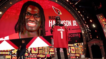 DETROIT, MICHIGAN - APRIL 25: Marvin Harrison Jr. celebrates after being selected fourth overall by the Arizona Cardinals during the first round of the 2024 NFL Draft at Campus Martius Park and Hart Plaza on April 25, 2024 in Detroit, Michigan.   Gregory Shamus/Getty Images/AFP (Photo by Gregory Shamus / GETTY IMAGES NORTH AMERICA / Getty Images via AFP)