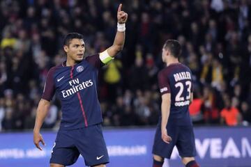 Paris Saint-Germain's Brazilian defender Thiago Silva celebrates.