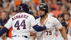 HOUSTON, TEXAS - OCTOBER 07: Yordan Alvarez #44 of the Houston Astros celebrates with Jose Abreu #79 after a home run during the third inning against the Minnesota Twins during Game One of the Division Series at Minute Maid Park on October 07, 2023 in Houston, Texas.   Carmen Mandato/Getty Images/AFP (Photo by Carmen Mandato / GETTY IMAGES NORTH AMERICA / Getty Images via AFP)