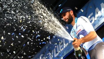 SAN JUAN, ARGENTINA - JANUARY 25: Fernando Gaviria of Colombia and Movistar Team celebrates at podium as White Leader Jersey winner during the 39th Vuelta a San Juan International 2023, Stage 4 a 196,5km stage from Autodrómo de Villicum to Barreal / #VueltaSJ2023 / on January 25, 2023 in San Juan, Argentina. (Photo by Maximiliano Blanco/Getty Images)