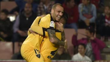 Hit hard and low, Sandro Ramírez celebrates his spectacular strike against Granada.