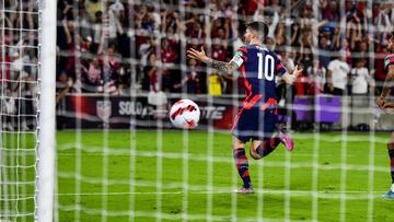 USA's Christian Pulisic celebrates after scoring a goal during US Men�s National Team�s 2022 FIFA World Cup Qualifier vs. Panama at Exploria Stadium in Orlando, Florida on March 27, 2022. (Photo by CHANDAN KHANNA / AFP)