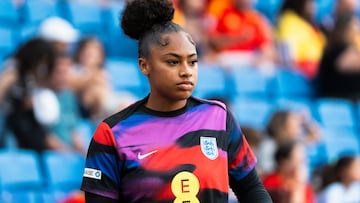 Khiara Keating, goalkeeper of the England National team, warms up during the UEFA Women's Nations League 2024/25 Group A3 match between Spain and England at RCDE Stadium in Barcelona, Spain, on June 3, 2025. (Photo by Ruben De La Rosa/NurPhoto via Getty Images)