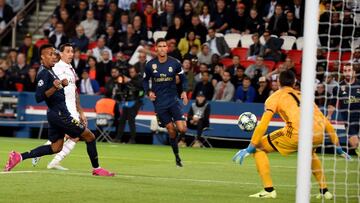Paris Saint-Germain's Argentine midfielder Angel Di Maria scores his team's first goal during the UEFA Champions league Group A football match between Paris Saint-Germain and Real Madrid, at the Parc des Princes stadium, in Paris, on September 18, 2019. (