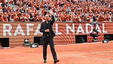 Rafa Nadal, durante el homenaje que le hicieron en Roland Garros.