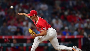 August 16, 2024; Anaheim, California, USA; Los Angeles Angels pitcher Ben Joyce (44) throws against the Atlanta Braves during the ninth inning at Angel Stadium. Mandatory Credit: Gary A. Vasquez-USA TODAY Sports