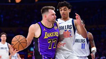 Feb 25, 2025; Los Angeles, California, USA; Los Angeles Lakers guard Luka Doncic (77) dribbles the ball Dallas Mavericks guard Max Christie (00) during the second half at Crypto.com Arena. Mandatory Credit: Gary A. Vasquez-Imagn Images
