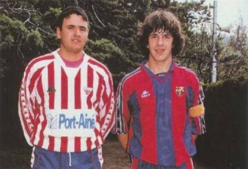 Puyol poses after returning with the Barca youth team for a friendly against his former club Pobla de Segur, 1995-ish