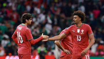 Soccer Football - International Friendly - Mexico v Portugal - Estadio Ciudad de Mexico, Mexico City, Mexico - March 28, 2026 Portugal's Renato Veiga shakes hands with Portugal's Francisco Trincao after the match REUTERS/Henry Romero