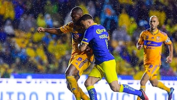 (L-R), Samir Caetano of Tigres and Jonathan Rodriguez of America during the game Tigres UANL vs America, corresponding to Round 17 of the Torneo Apertura 2023 of the Liga BBVA MX, at Universitario Stadium, on November 11, 2023.
<br><br>
(I-D), Samir Caetano de Tigres y Jonathan Rodriguez de America durante el partido Tigres UANL vs America, correspondiente a la Jornada 17 del Torneo Apertura 2023 de la Liga BBVA MX, en el Estadio Universitario, el 11 de Noviembre de 2023