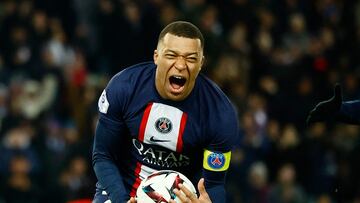 Soccer Football - Ligue 1 - Paris St Germain v Nantes - Parc des Princes, Paris, France - March 4, 2023 Paris St Germain's Kylian Mbappe celebrates scoring their fourth goal and becomes Paris St Germain's all time top goalscorer REUTERS/Sarah Meyssonnier
