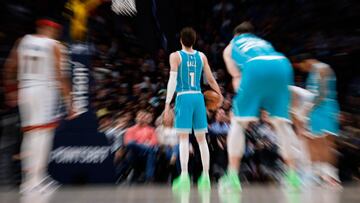 Dec 18, 2022; Denver, Colorado, USA; Charlotte Hornets guard LaMelo Ball (1) lines up for a free throw in the fourth quarter against the Denver Nuggets at Ball Arena. Mandatory Credit: Isaiah J. Downing-USA TODAY Sports