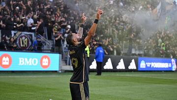 Apr 6, 2024; Los Angeles, California, USA; LAFC forward Denis Bouanga (99) celebrates his goal against the LA Galaxy during the first half at BMO Stadium. Mandatory Credit: Jonathan Hui-USA TODAY Sports