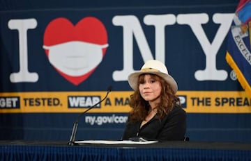 Actress Rosie Perez speaks during a press briefing with Governor Andrew Cuomo and actor/comedian Chris Rock on Covid-19 at Madison Boys and Girls Club in the Brooklyn borough of New York City on 28 May 2020.