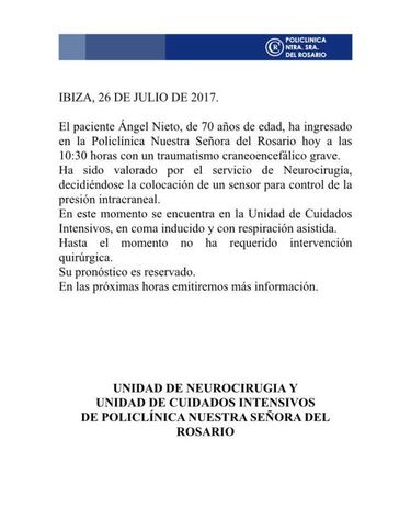 Parte médico: Nieto, en coma inducido y respiración asistida