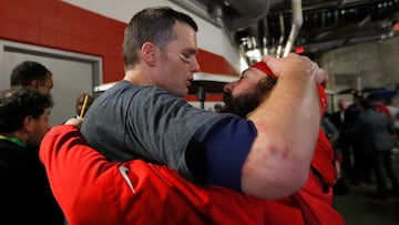 HOUSTON, TX - FEBRUARY 05: Tom Brady #12 of the New England Patriots celebrates with defensive coordinator Matt Patricia after defeating the Atlanta Falcons during Super Bowl 51 at NRG Stadium on February 5, 2017 in Houston, Texas. The Patriots defeated the Falcons 34-28. Kevin C. Cox/Getty Images/AFP
== FOR NEWSPAPERS, INTERNET, TELCOS & TELEVISION USE ONLY ==