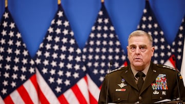 U.S. Chairman of the Joint Chiefs of Staff General Mark A. Milley speaks during a news conference with U.S. Secretary of Defense Lloyd Austin (not pictured), on the day of the NATO defence ministers' meeting at the Alliance's headquarters in Brussels, Belgium, February 14, 2023. REUTERS/Johanna Geron