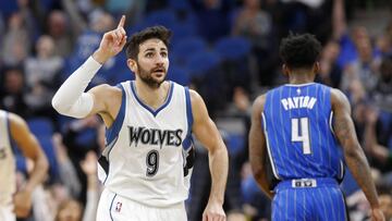 Minnesota Timberwolves&#039; Ricky Rubio, of Spain, celebrates one of his three-point shots during the second half of an NBA basketball game against the Orlando Magic, Monday, Jan. 30, 2017, in Minneapolis. The Timberwolves won 111-105 in overtime. Rubio had six three-pointers and scored 22 points. (AP Photo/Jim Mone)