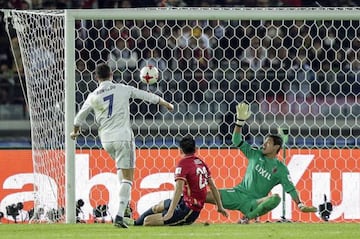 Ronaldo turns, shoots and scores in the box for Real Madrid during the FIFA Club World Cup 2016 final.