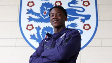 BURTON UPON TRENT, ENGLAND - MARCH 19: Kobbie Mainoo of England poses for a photo at St George's Park on March 19, 2024 in Burton upon Trent, England. (Photo by Eddie Keogh - The FA/The FA via Getty Images)