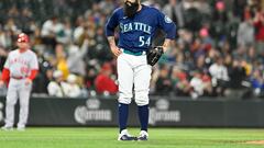 Jun 18, 2022; Seattle, Washington, USA; Seattle Mariners relief pitcher Sergio Romo (54) looks on after allowing a two run home run by Los Angeles Angels pinch hitter Jared Walsh (not pictured) during the seventh inning at T-Mobile Park. Mandatory Credit: Steven Bisig-USA TODAY Sports