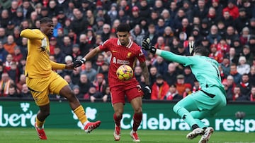 Soccer Football - Premier League - Liverpool v Wolverhampton Wanderers - Anfield, Liverpool, Britain - February 16, 2025 Liverpool's Luis Diaz scores their first goal REUTERS/Phil Noble EDITORIAL USE ONLY. NO USE WITH UNAUTHORIZED AUDIO, VIDEO, DATA, FIXTURE LISTS, CLUB/LEAGUE LOGOS OR 'LIVE' SERVICES. ONLINE IN-MATCH USE LIMITED TO 120 IMAGES, NO VIDEO EMULATION. NO USE IN BETTING, GAMES OR SINGLE CLUB/LEAGUE/PLAYER PUBLICATIONS. PLEASE CONTACT YOUR ACCOUNT REPRESENTATIVE FOR FURTHER DETAILS..