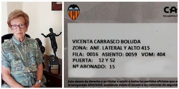 Vicenta Carrasco, en su domicilio, con una figura de Puchades, y en la imagen de la derecha, su abono de Mestalla con el número 15. 