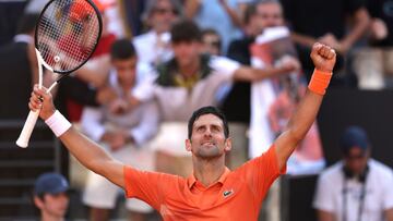 ROME, ITALY - MAY 15: Novak Djokovic of Serbia celebrates victory  following the Men&#039;s Single&#039;s Final against Stefanos Tsitsipas of Greece on Day six of the Internazionali BNL D&#039;Italia at Foro Italico on May 15, 2022 in Rome, Italy. (Photo by Alex Pantling/Getty Images)