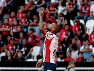 San Luis' Brazilian forward #09 Joao Pedro celebrates scoring his team's first goal during the Liga MX Clausura football match between Atlas and San Luis at the Jalisco Stadium in Guadalajara, state of Jalisco, Mexico, on February 21, 2026. (Photo by Ulises Ruiz / AFP)