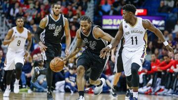 Jan 27, 2017; New Orleans, LA, USA; San Antonio Spurs forward Kawhi Leonard (2) drives past New Orleans Pelicans guard Jrue Holiday (11) during the second half of a game at the Smoothie King Center. The Pelicans defeated the Spurs 119-103. Mandatory Credit: Derick E. Hingle-USA TODAY Sports