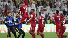 Qatar&#039;s midfielder Boualem Khoukhi (C) celebrates his goal during the 2019 AFC Asian Cup semi-final football match between Qatar and UAE at the Mohammed Bin Zayed Stadium in Abu Dhabi on January 29, 2019. (Photo by Karim Sahib / AFP)