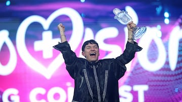 FILE PHOTO: JJ, representing Austria with "Wasted Love", winner of the 2025 Eurovision Song Contest, holds the trophy during the Grand Final, in Basel, Switzerland, May 18, 2025. REUTERS/Denis Balibouse/File Photo