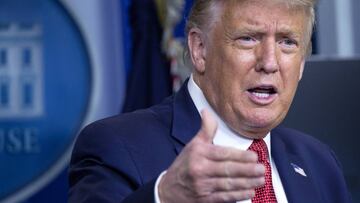United States President Donald J. Trump speaks during a news conference in the James S. Brady Press Briefing Room at the White House in Washington D.C., U.S. on Monday, August 10, 2020. Trump was abruptly ushered out of the briefing room by Secret Servic