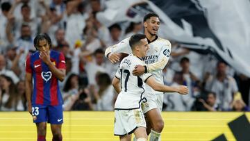 Soccer Football - LaLiga - Real Madrid v FC Barcelona - Santiago Bernabeu, Madrid, Spain - April 21, 2024 Real Madrid's Lucas Vazquez celebrates scoring their second goal with Jude Bellingham REUTERS/Juan Medina