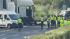 Detalle del estado de los vehículos en el cual han fallecido seis personas, dos de ellos guardias civiles, al arrollar un camión un control en la AP-4 en Los Palacios, a 19 de marzo de 2024 en Sevilla (Andalucía, España). Seis personas han resultado fallecidas, entre ellas dos agentes de la Guardia Civil, tras saltarse un camión un control en la autopista AP-4 a la altura de la localidad sevillana de Los Palacios. El conductor del camión, que ha sido detenido, ha resultado ileso. Se le han realizado pruebas de alcohol y drogas con resultado negativo.
19 MARZO 2024
Francisco J. Olmo / Europa Press
19/03/2024