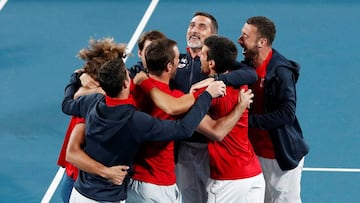 Tennis - ATP Cup - Ken Rosewall Arena, Sydney, Australia - January 13, 2020 Serbia's Novak Djokovic and Viktor Troicki celebrate winning the ATP Cup with captain Nenad Zimonjic and teammates after winning their Final doubles match against Spain's Pablo Carreno-Busta and Feliciano Lopez REUTERS/Edgar Su
