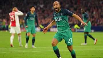 AMSTERDAM, NETHERLANDS - MAY 08: Lucas Moura of Tottenham Hotspur celebrates after scoring his team&#039;s second goal during the UEFA Champions League Semi Final second leg match between Ajax and Tottenham Hotspur at the Johan Cruyff Arena on May 08, 201