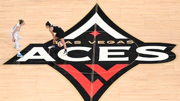 Oct 8, 2023; Las Vegas, Nevada, USA; New York Liberty guard Courtney Vandersloot (22) defends against Las Vegas Aces guard Kelsey Plum (10) in the second half during game one of the 2023 WNBA Finals at Michelob Ultra Arena. Mandatory Credit: Candice Ward-USA TODAY Sports