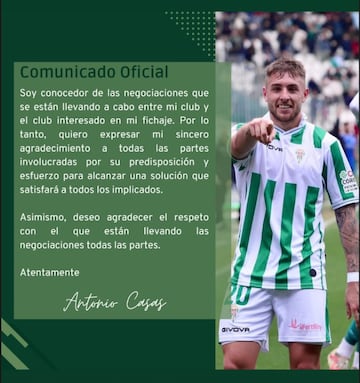 Comunicado de Antonio Casas, delantero del Córdoba CF, en su cuenta de Instagram