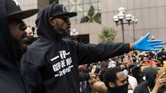 MINNEAPOLIS, MN - MAY 29: Former NBA player Stephen Jackson speaks at a protest in response to the police killing of George Floyd outside the Hennepin County Government Center on May 29, 2020 in Minneapolis, Minnesota. Jackson, who was friends with George