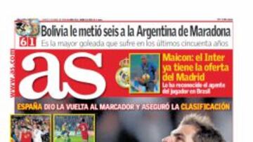 Portada del Diario AS del d¨ªa en que Espa?a se clasific¨® para el Mundial de Sud¨¢frica.