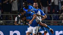 (From L) Italy&#039;s midfielder Lorenzo Pellegrini, Italy&#039;s midfielder Sandro Tonali, Italy&#039;s forward Wilfried Gnonto and Italy&#039;s midfielder Bryan Cristante celebrate after Pellegrini opened the scoring during the UEFA Nations League - Lea