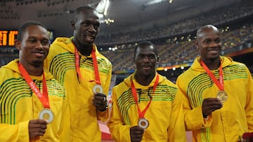Nesta Carter, Usain Bolt, Asafa Powell y Michael Frater, en Pekín 2008.