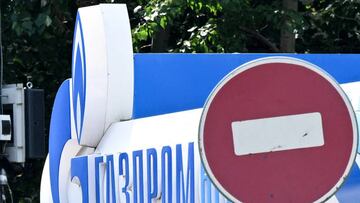 The logo of Russia's energy giant Gazprom is pictured at one of its petrol stations in Moscow on July 11, 2022. (Photo by Kirill KUDRYAVTSEV / AFP) (Photo by KIRILL KUDRYAVTSEV/AFP via Getty Images)