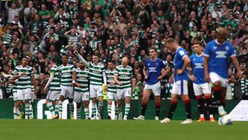 GLASGOW, SCOTLAND - SEPTEMBER 03: David Turnbull of Celtic celebrates with teammates after scoring their team's fourth goal during the Cinch Scottish Premiership match between Celtic FC and Rangers FC at Celtic Park Stadium on September 03, 2022 in Glasgow, Scotland. (Photo by Ian MacNicol/Getty Images)