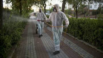 La Puebla del R&iacute;o/Sevilla/14-08-2020: Operarios trabajan en labores de fumigaci&oacute;n de mosquitos en zonas verdes de la localidad sevillana de La Puebla del R&iacute;o, tres el brote de meningoencefalitis v&iacute;rica.
 R&iacute;oFOTO: PACO PU