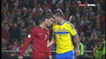 Suecia se queja de un amago de cabezazo de Cristiano a Lustig
